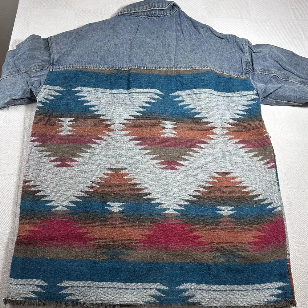 Zaful Womens Aztec Southwestern Denim Jacket Shacket Blue Red Size S New